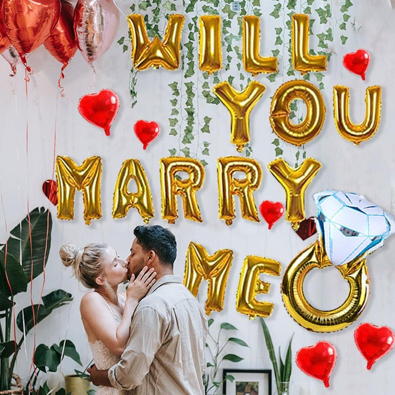 AnnoDeel Will You Marry Me Letter Balloons Banner, 16inch Gold Letter Foil Balloons Red Heart Mylar Balloons for Love Wedding Party Decorations - Image 3